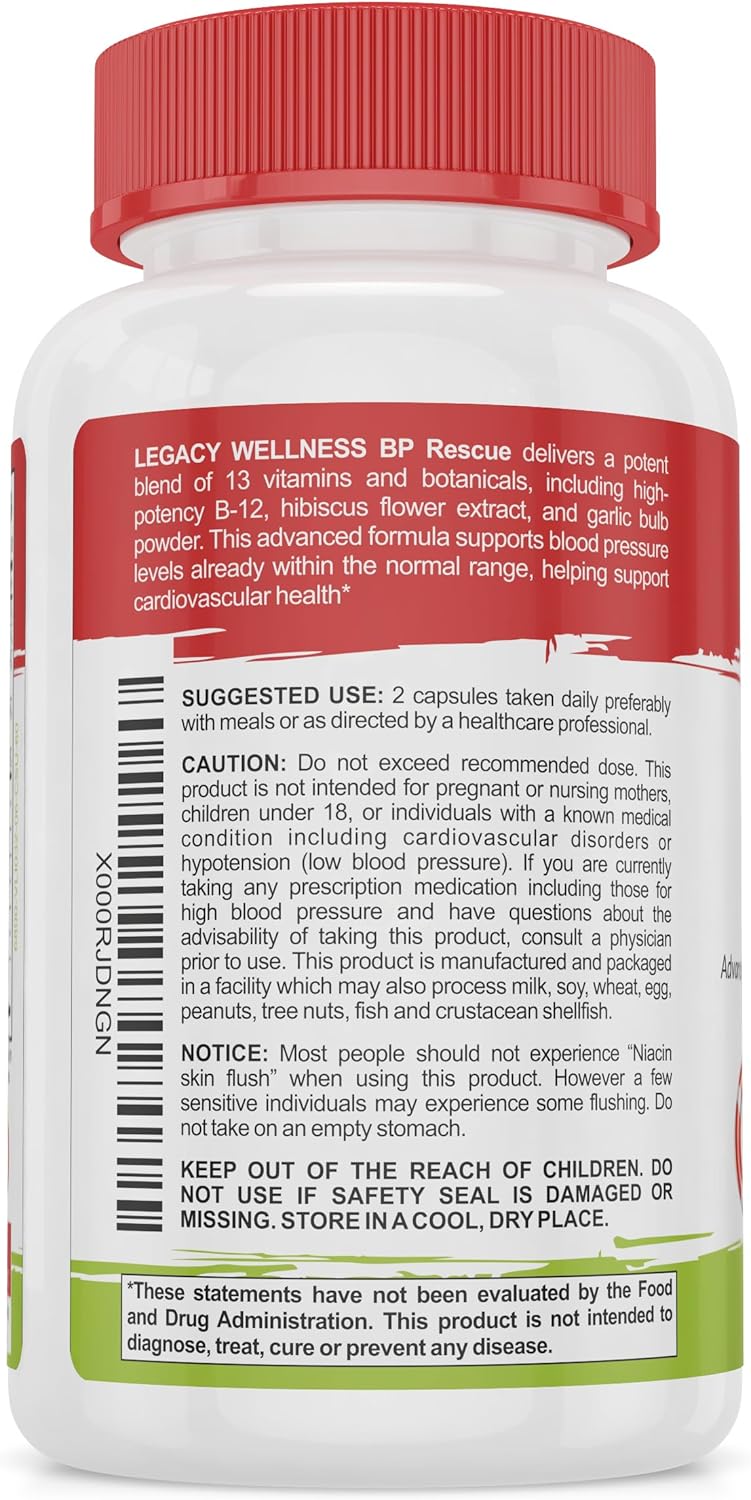 Natural Blood Pressure Support Supplement with Vitamins & Herbs - Promotes Circulation & Blood Flow - Hawthorn Berry, Garlic, Hibiscus Capsules for Men & Women - LegacyNutra BP Rescue