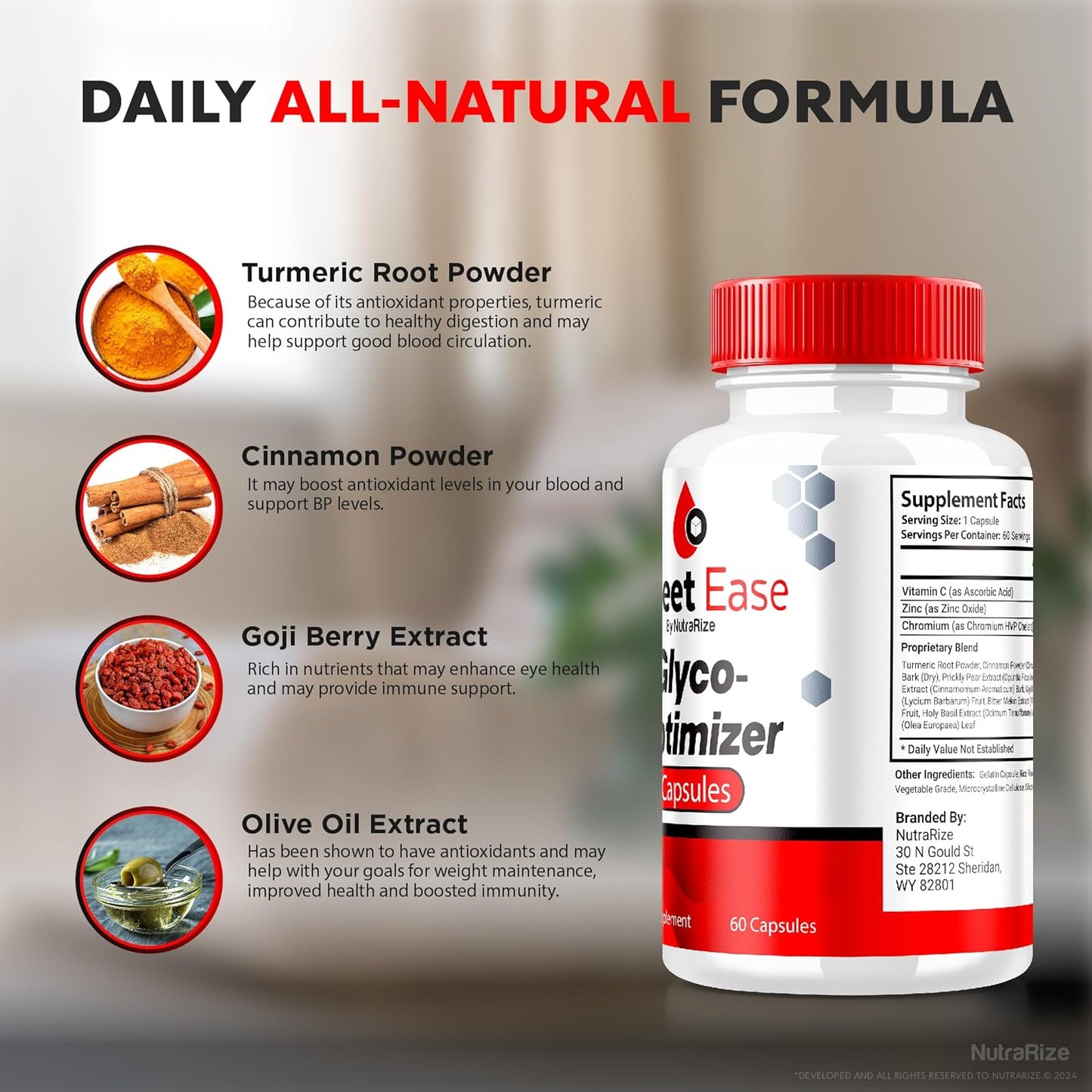 Natural Blood Sugar Support Capsules - NutraRize Sweet Ease Glyco Optimizer for Glycogen Pressure Relief (60 Pills)