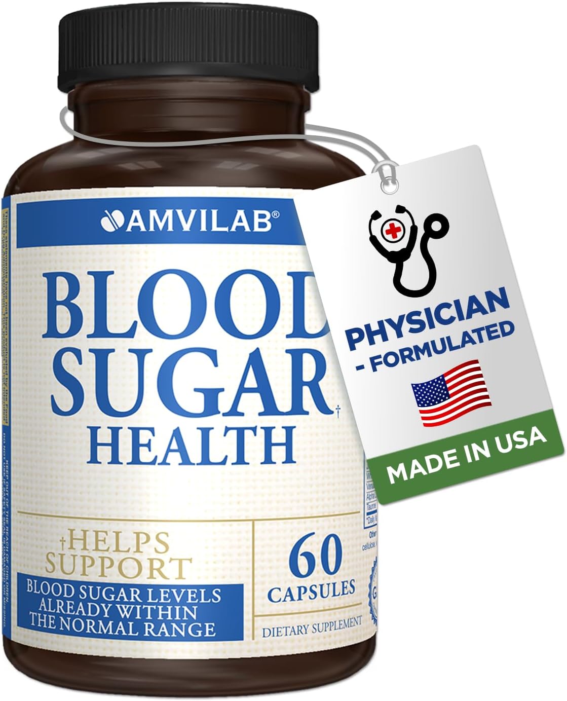 Natural Blood Sugar Support Supplement with 20 Herbs and Vitamins, Cinnamon, Alpha Lipoic Acid - Non-GMO Energy Booster for Men and Women - 60 Herbal Pills, 30 Day Supply