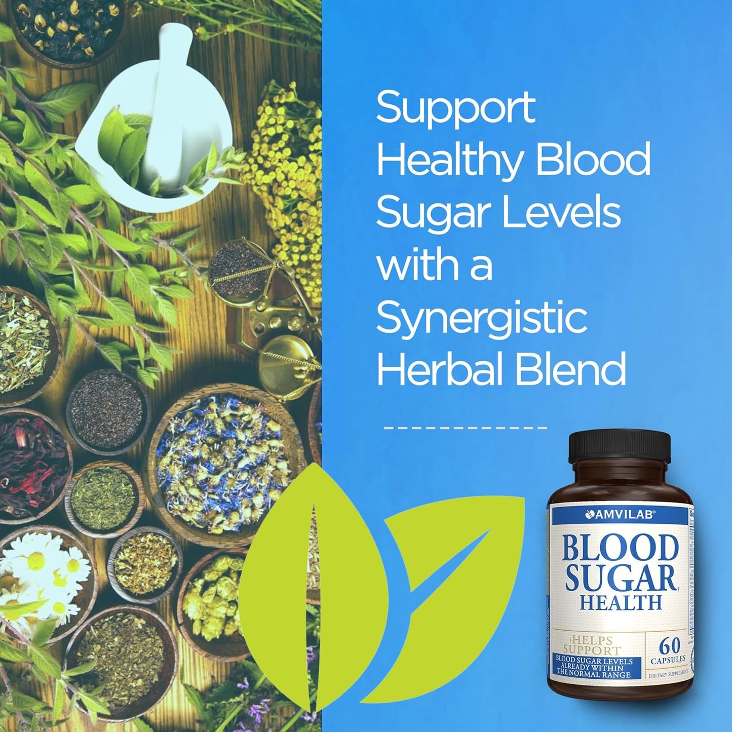 Natural Blood Sugar Support Supplement with 20 Herbs and Vitamins, Cinnamon, Alpha Lipoic Acid - Non-GMO Energy Booster for Men and Women - 60 Herbal Pills, 30 Day Supply