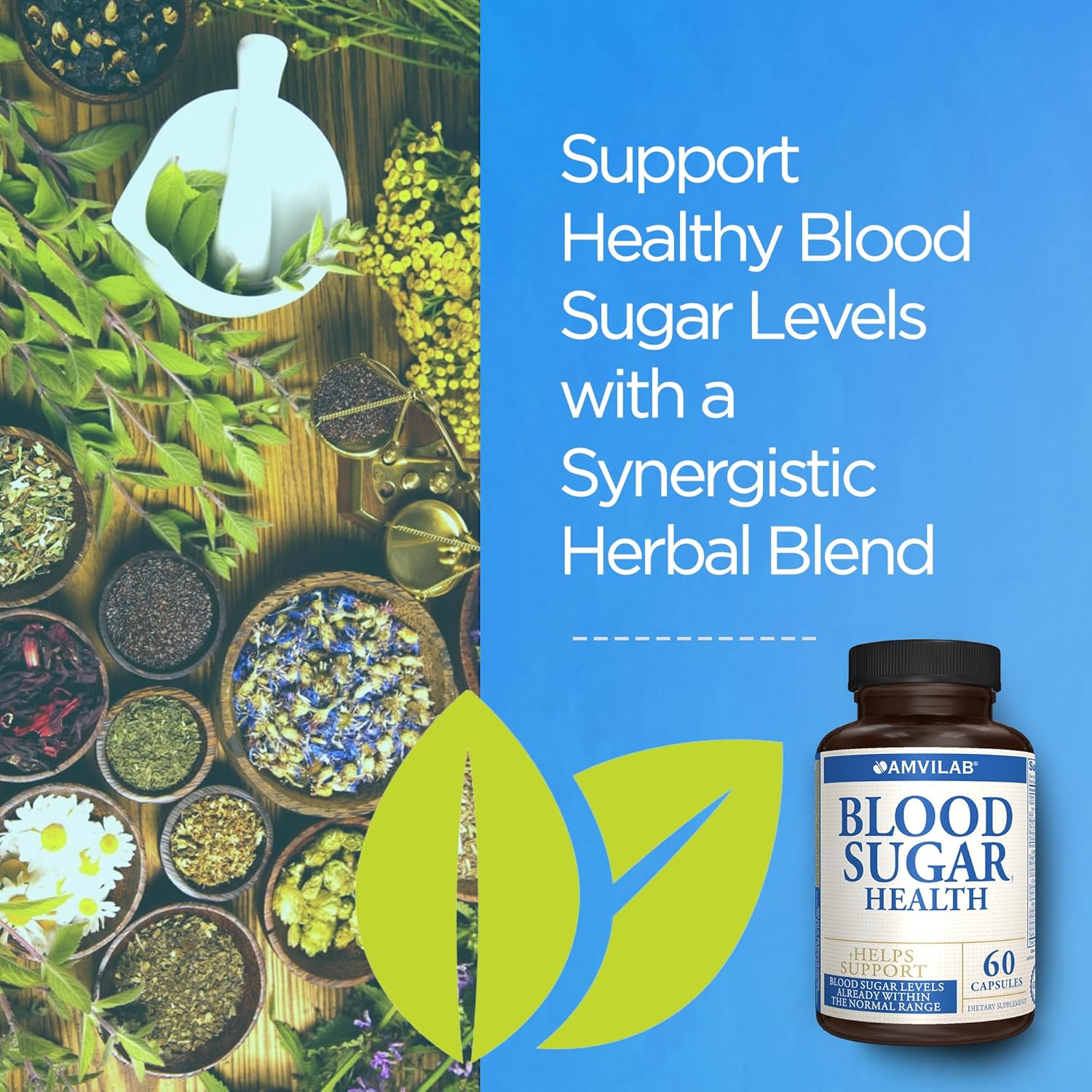 Natural Blood Sugar Support Supplement with 20 Herbs and Vitamins, Cinnamon, Alpha Lipoic Acid - Non-GMO Energy Booster for Men and Women - 60 Herbal Pills, 30 Day Supply