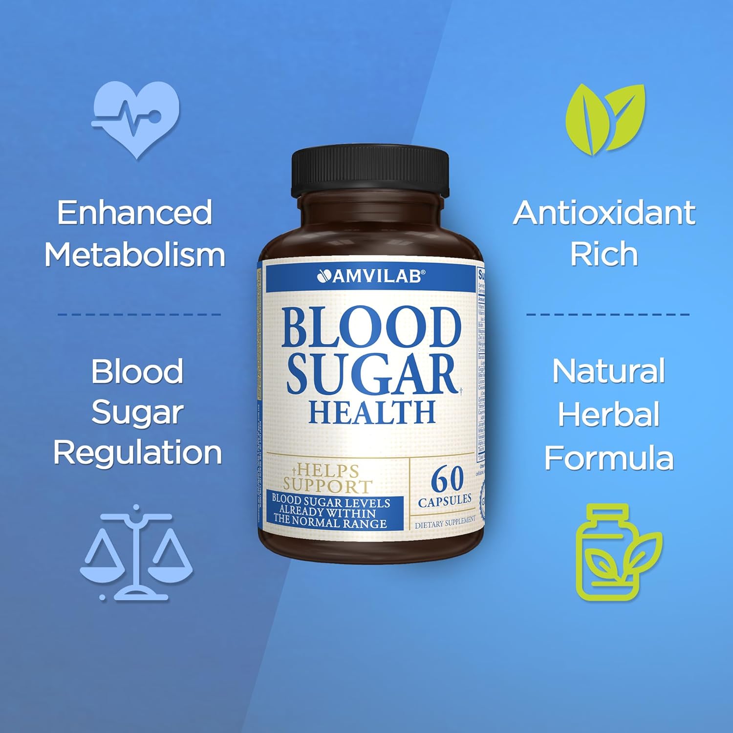 Natural Blood Sugar Support Supplement with 20 Herbs and Vitamins, Cinnamon, Alpha Lipoic Acid - Non-GMO Energy Booster for Men and Women - 60 Herbal Pills, 30 Day Supply