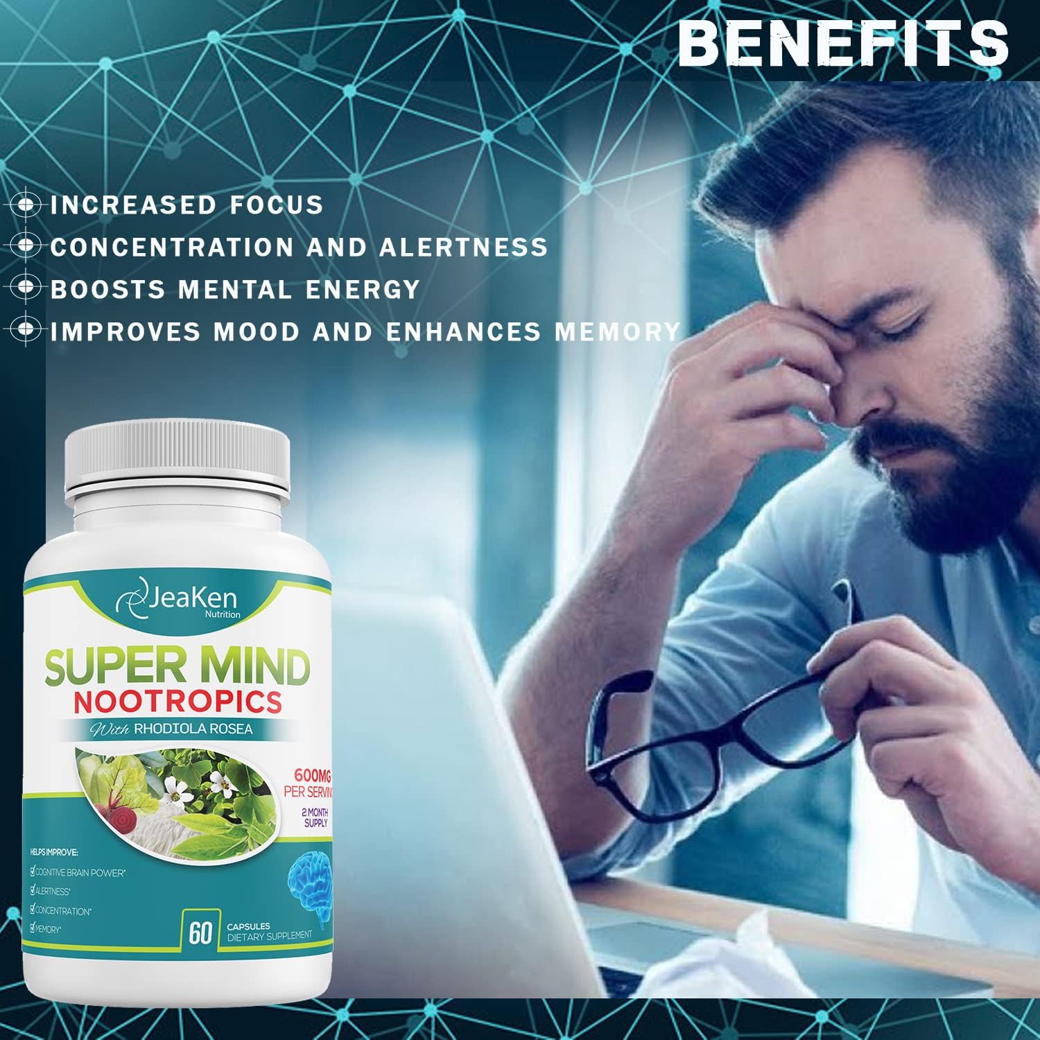 Natural Brain Boost Supplement with Bacopa Monnieri, Rhodiola Rosea, Ginkgo Biloba & Vitamin B12 - 60 Vegan Capsules - Made in USA by JeaKen