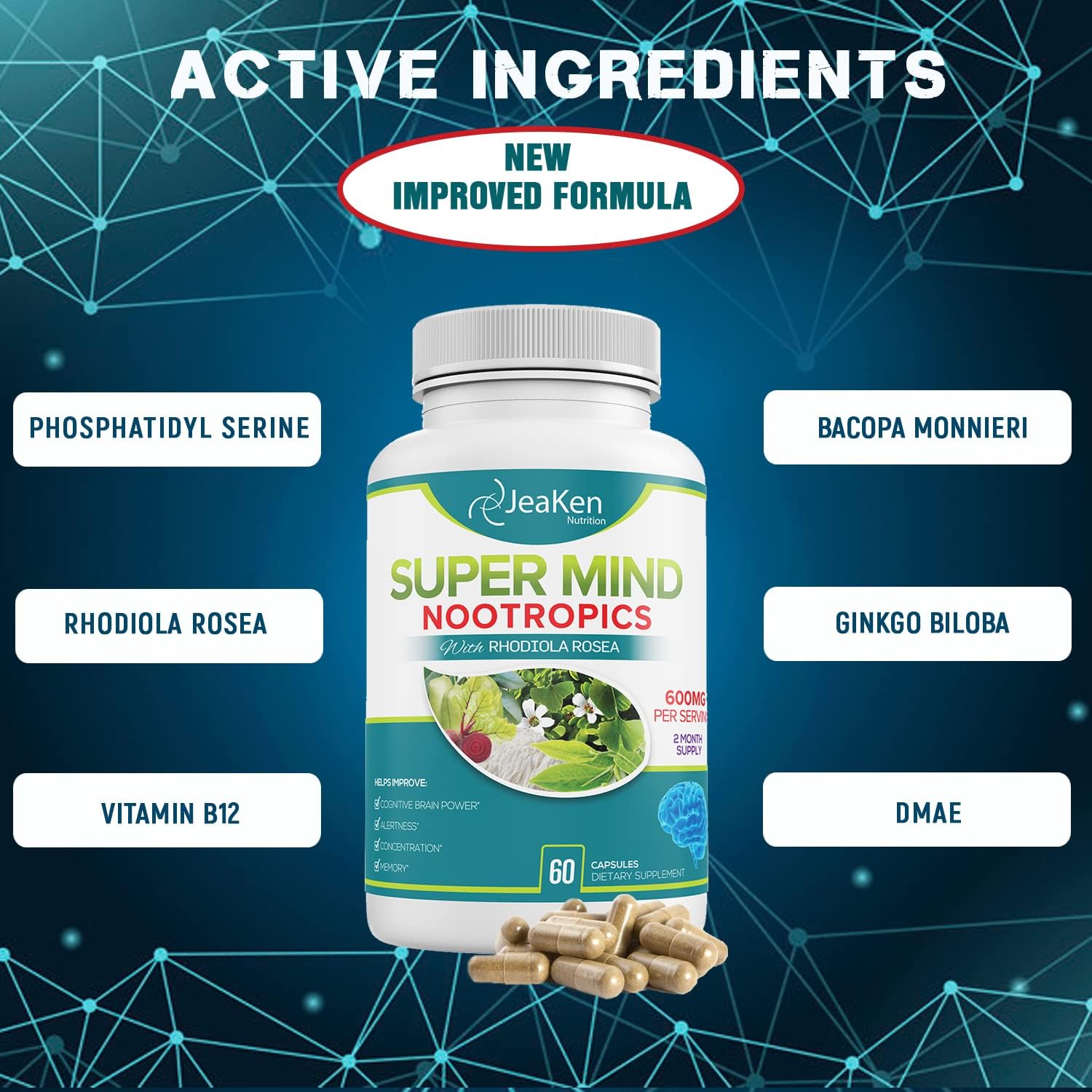 Natural Brain Boost Supplement with Bacopa Monnieri, Rhodiola Rosea, Ginkgo Biloba & Vitamin B12 - 60 Vegan Capsules - Made in USA by JeaKen