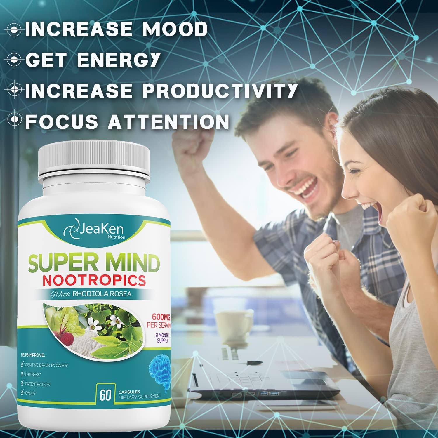 Natural Brain Boost Supplement with Bacopa Monnieri, Rhodiola Rosea, Ginkgo Biloba & Vitamin B12 - 60 Vegan Capsules - Made in USA by JeaKen