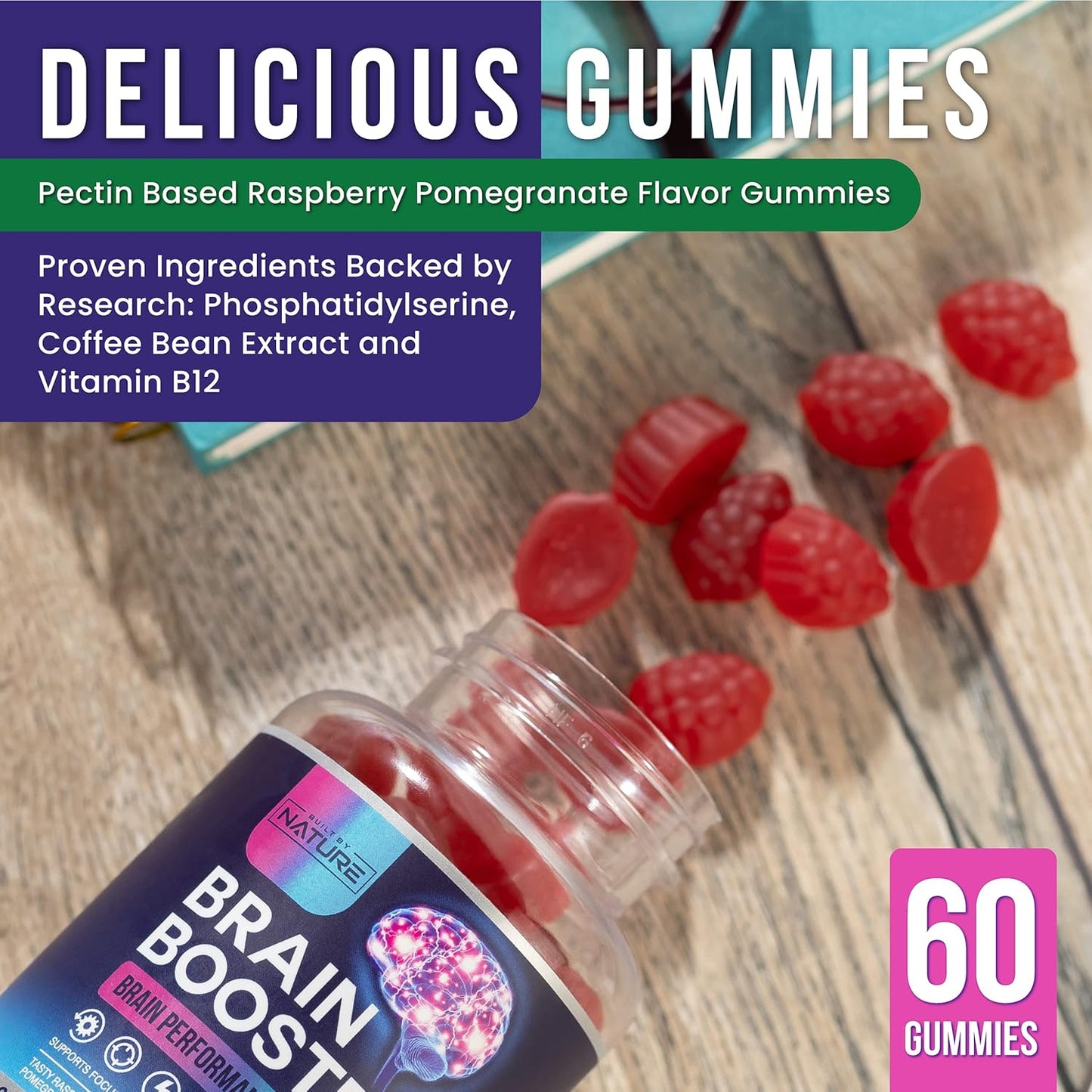 Natural Brain Booster Gummies with B6, B12, and Phosphatidylserine - Memory, Focus, Concentration - Cognitive Function & Energy Support, 60 Count
