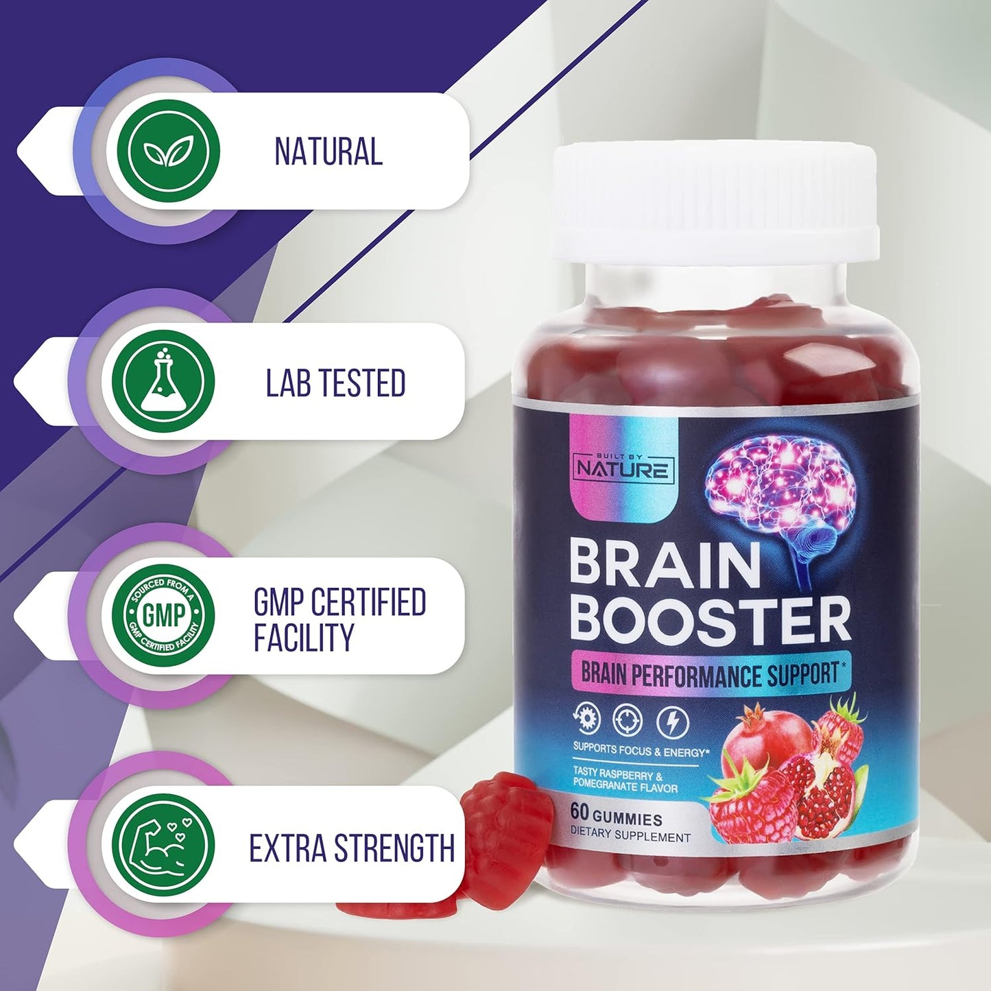 Natural Brain Booster Gummies with B6, B12, and Phosphatidylserine - Memory, Focus, Concentration - Cognitive Function & Energy Support, 60 Count