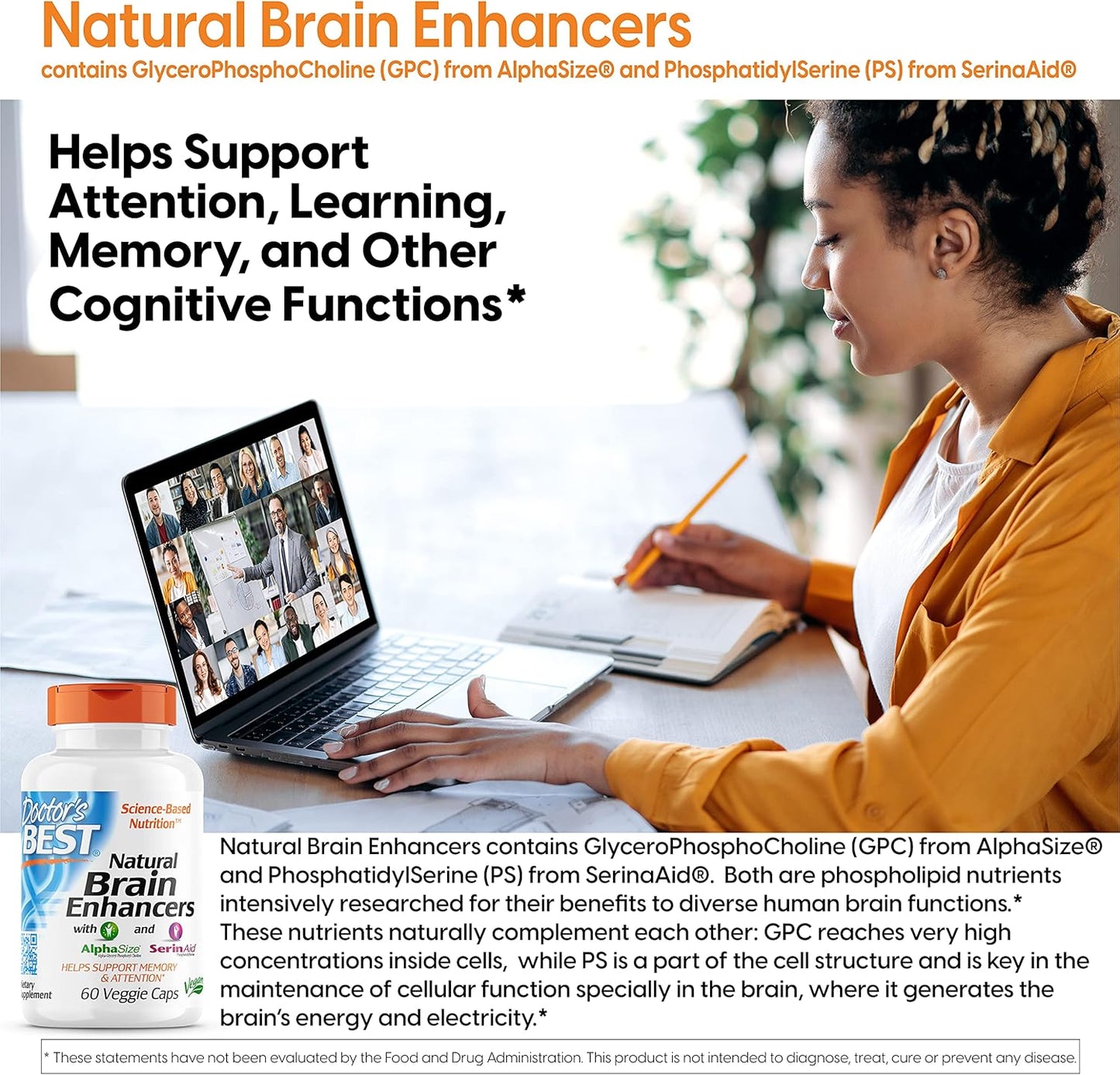 Natural Brain Enhancer Capsules for Memory & Focus - Non-GMO, Gluten-Free, Vegan - 60 Veg Capsules by Doctor's Best