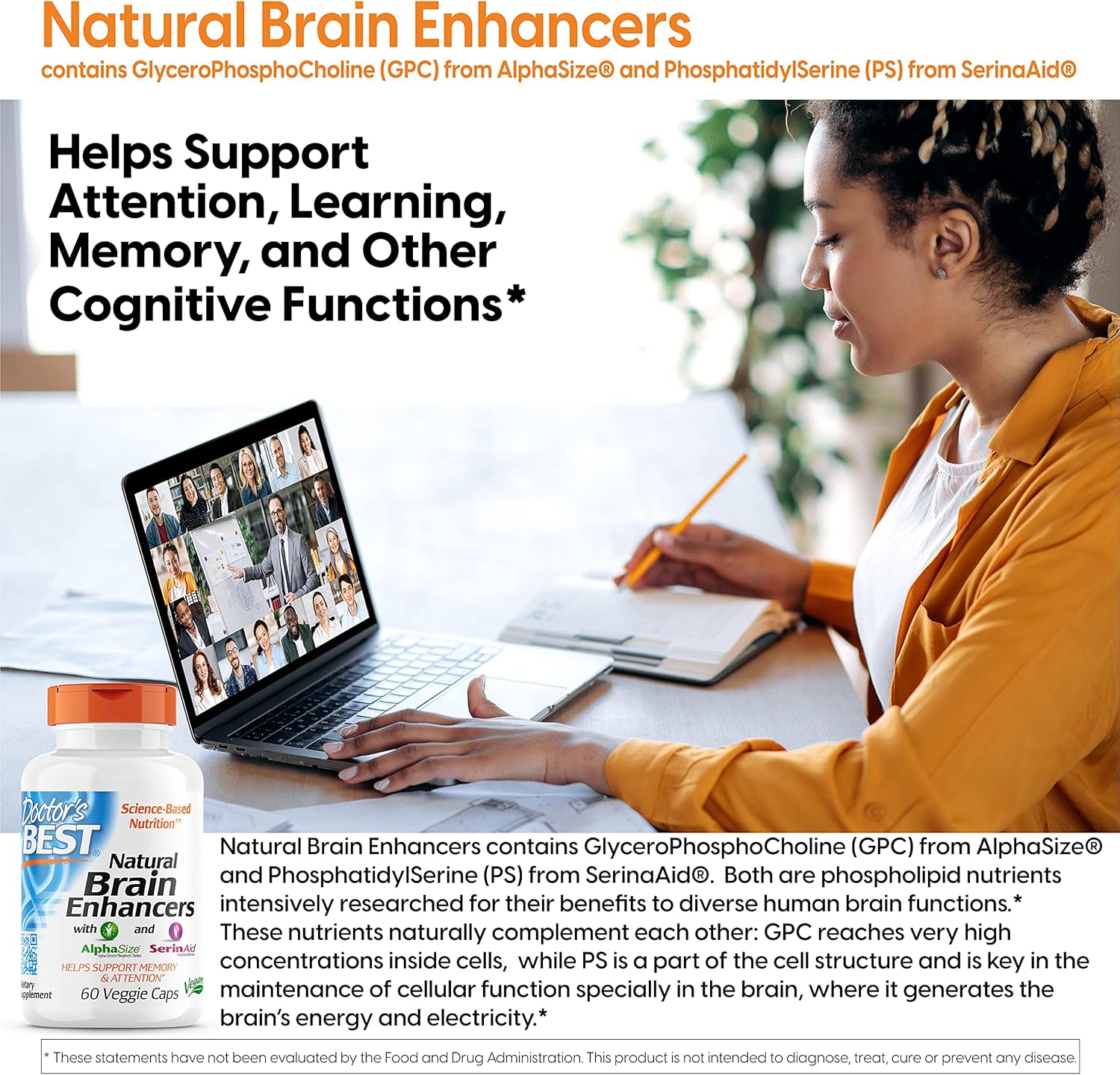 Natural Brain Enhancer Capsules for Memory & Focus - Non-GMO, Gluten-Free, Vegan - 60 Veg Capsules by Doctor's Best