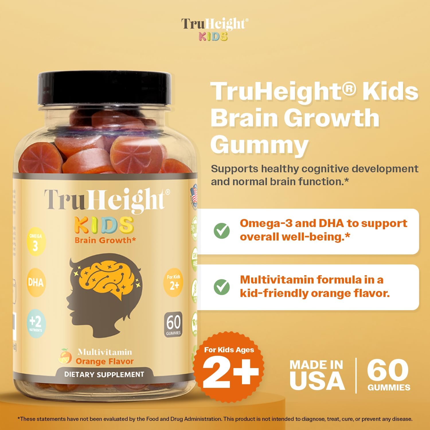 Natural Brain Growth Gummies for Kids 2+ | Omega-3 DHA Multivitamin | Pediatrician Recommended Memory Supplements for Children | Gluten Free Kids Vitamins