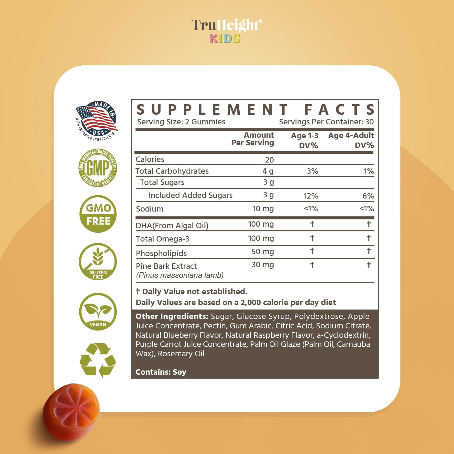 Natural Brain Growth Gummies for Kids 2+ | Omega-3 DHA Multivitamin | Pediatrician Recommended Memory Supplements for Children | Gluten Free Kids Vitamins