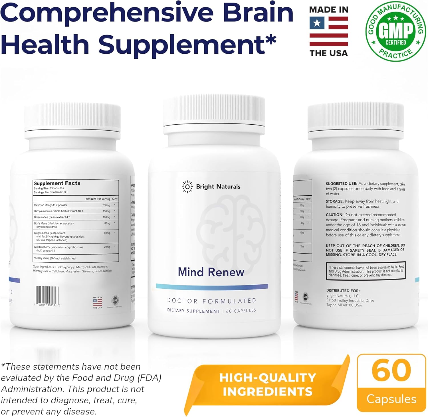 Natural Brain Supplement for Memory, Focus, and Cognition - Lion's Mane & Ginkgo Biloba - Made in USA - 60 Capsules
