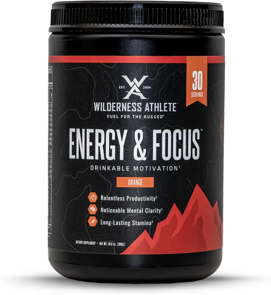 Natural Caffeine Energy Pre Workout Powder for Women & Men - Focus & Energy Drink Mix - Wilderness Athlete - Orange Flavor - Low-Carb, Zero Sugar - 30 Servings