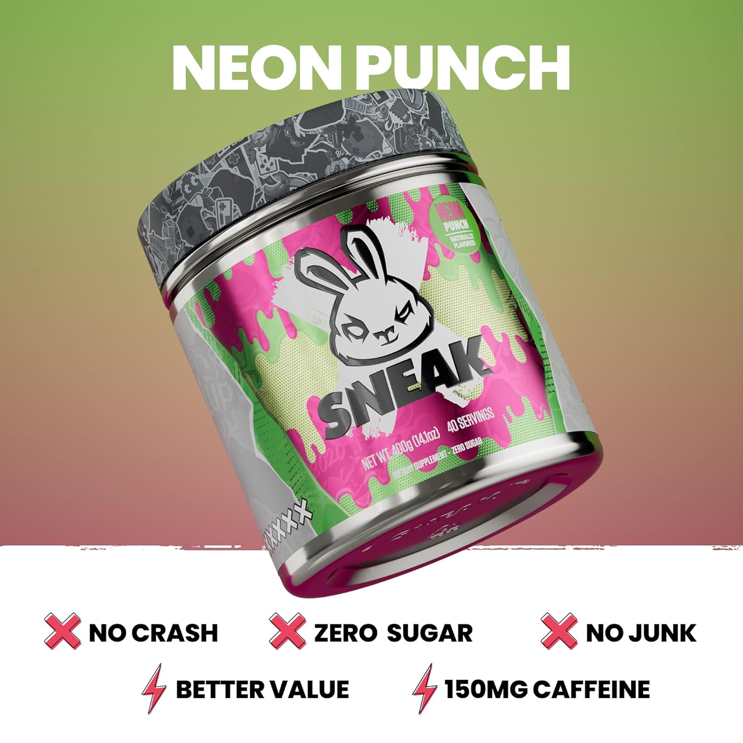 Natural Caffeine Focus-Boosting Energy Drink Powder - Neon Punch Flavor, 40 Servings, No Sugar or Nasties