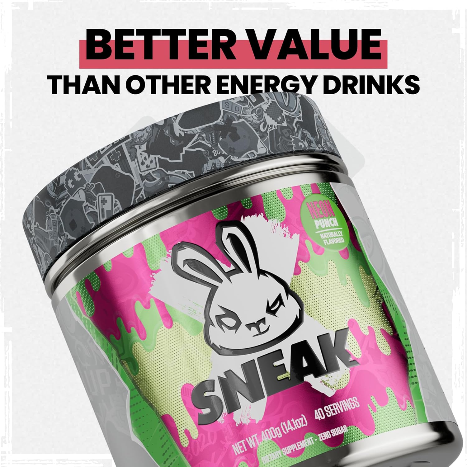 Natural Caffeine Focus-Boosting Energy Drink Powder - Neon Punch Flavor, 40 Servings, No Sugar or Nasties