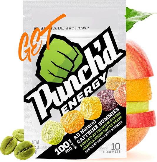 Natural Caffeine Gummies with Green Coffee, 100mg Caffeine per Pack, Clean Label, Low Calorie, Box of 10