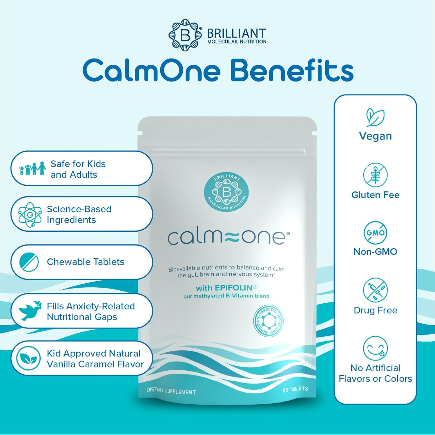 Natural CalmOne Chewable Tablets for Adults & Children - Support Gut, Brain & Nervous System Balance - Fast Relief for Anxiety, Overwhelm, Sleep & Relaxation - 60 Tablets