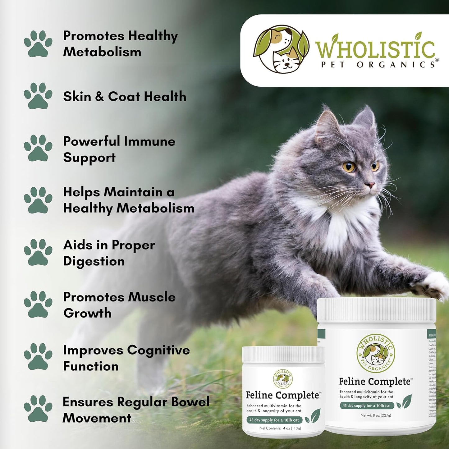 Natural Cat Food Supplement - Wholistic Pet Organics Feline Complete - 8 Oz - Multivitamin & Probiotic Powder - Digestive Support for Cats