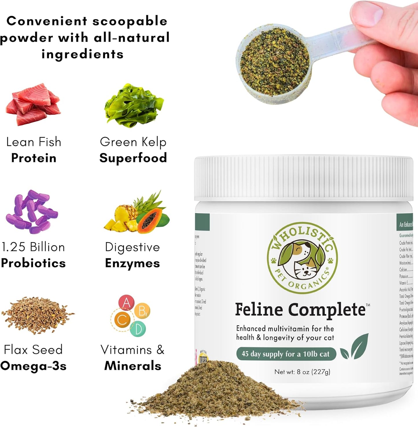 Natural Cat Food Supplement - Wholistic Pet Organics Feline Complete - 8 Oz - Multivitamin & Probiotic Powder - Digestive Support for Cats