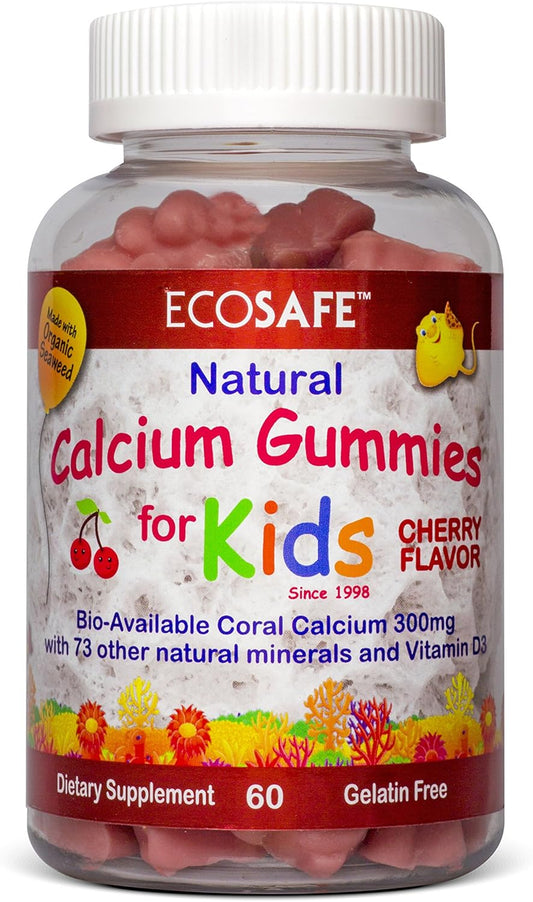 Natural Cherry Flavored Kids Gummy with Coral Calcium and Vitamin D3 - Non GMO, Gluten-Free, Dairy-Free, Soy-Free - 300mg Calcium, 800 IU Vitamin D3 - 60 Gummies
