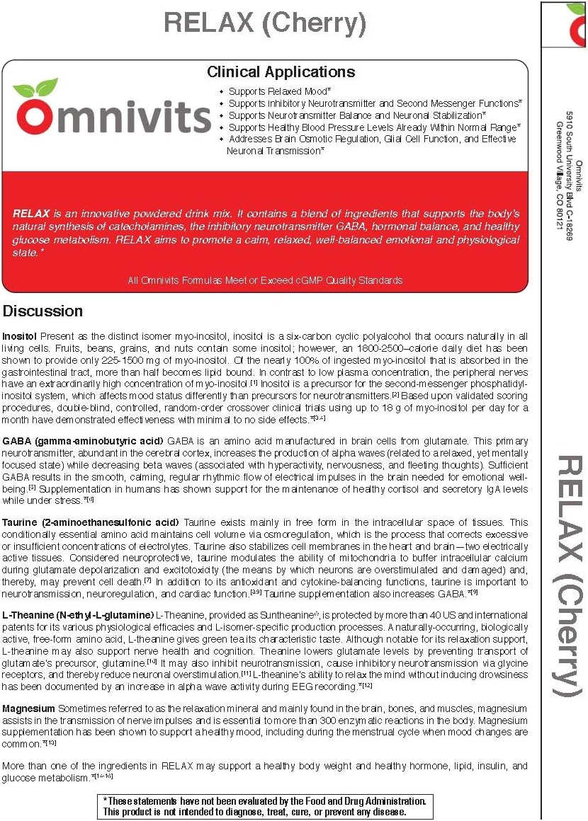 Natural Cherry Flavored Omnivits Relax Powder with Albion Di-Magnesium Malate for Blood Pressure and Emotional Wellness - 60 Servings