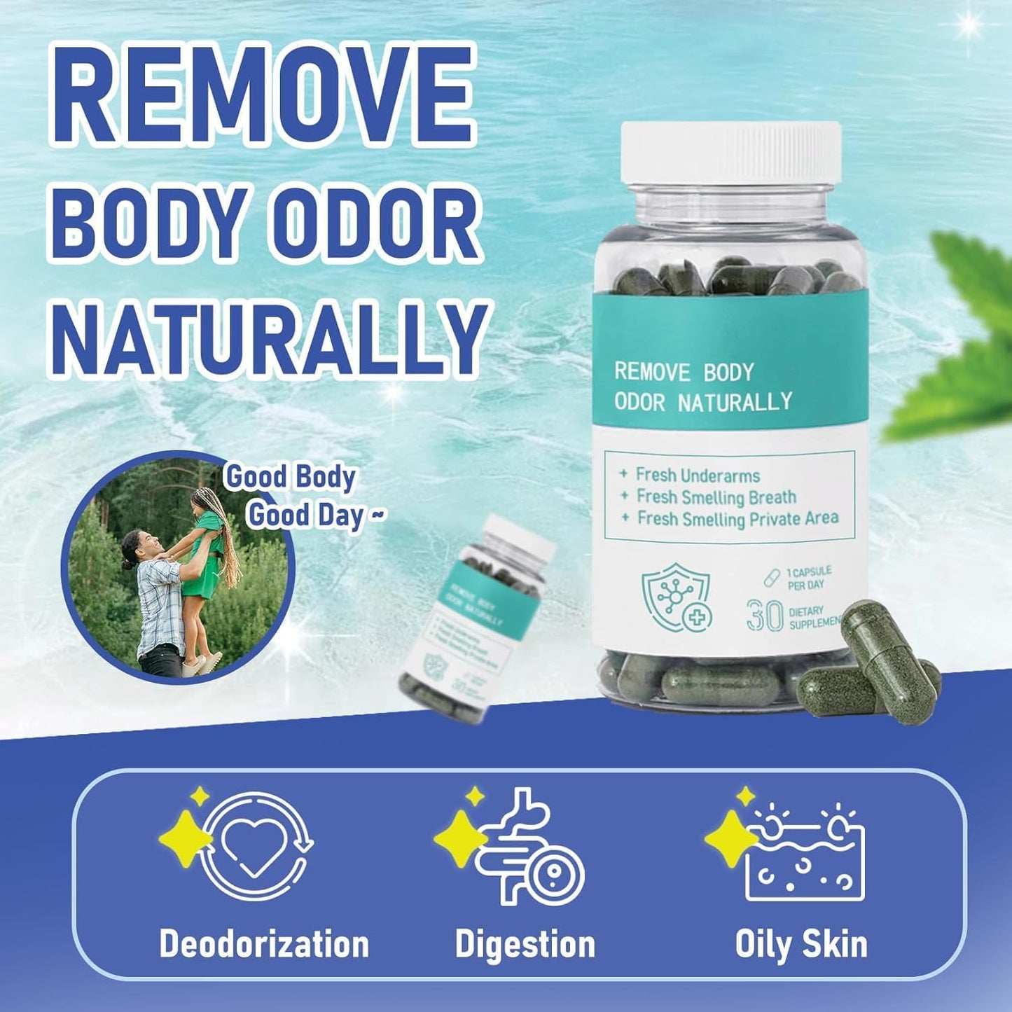 Natural Chlorophyll Pills for Gut, Skin Health & Digestion Support - Internal Deodorant Supplement with Vegan Capsules (30pcs)