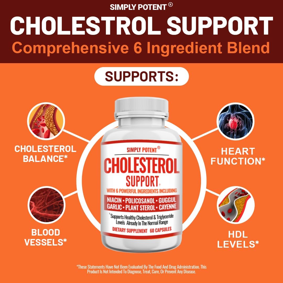 Natural Cholesterol Lowering Supplement with Garlic, Plant Sterols, Niacin - Heart Healthy Capsules for Lowering LDL & Raising HDL - 60 Ct