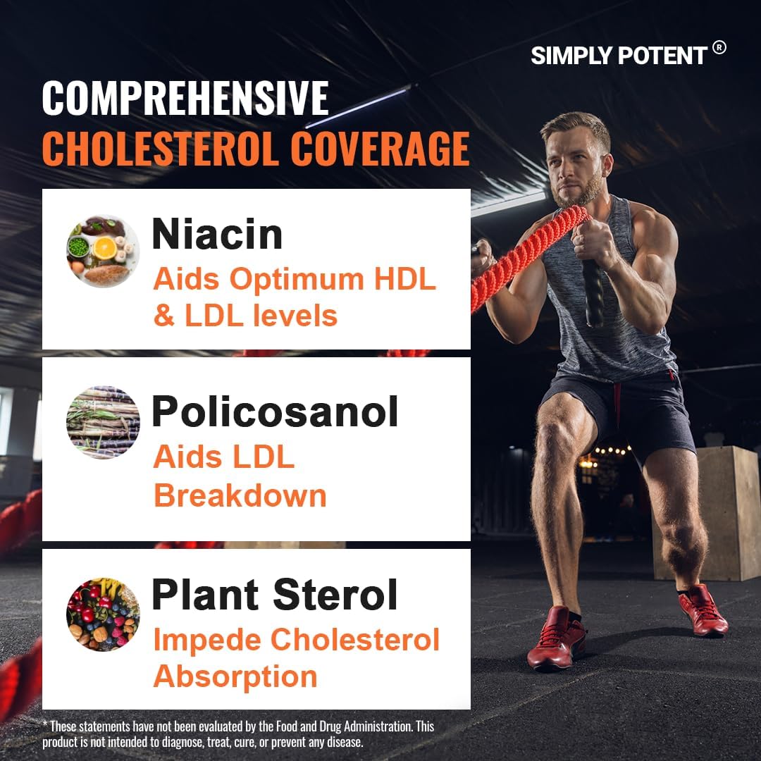 Natural Cholesterol Lowering Supplement with Garlic, Plant Sterols, Niacin - Heart Healthy Capsules for Lowering LDL & Raising HDL - 60 Ct