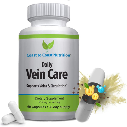 Natural Coast to Coast Nutrition Daily Vein Care Supplement for Circulation Support - 60 Capsules with Calcium, Vitamin D3, Vitamin K2, BioPerine