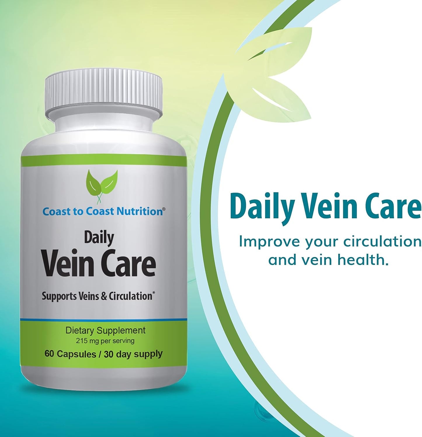 Natural Coast to Coast Nutrition Daily Vein Care Supplement for Circulation Support - 60 Capsules with Calcium, Vitamin D3, Vitamin K2, BioPerine