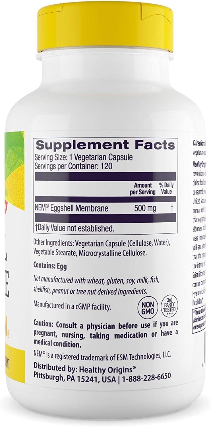 Natural Collagen Joint Support Supplement - Healthy Origins Eggshell Membrane (NEM) 500mg - Gluten-Free - 120 Capsules