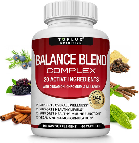 Natural Complex Supplement with 20 Herbs and Vitamins - Toplux Premium Non-GMO Vegan Capsules for Men and Women
