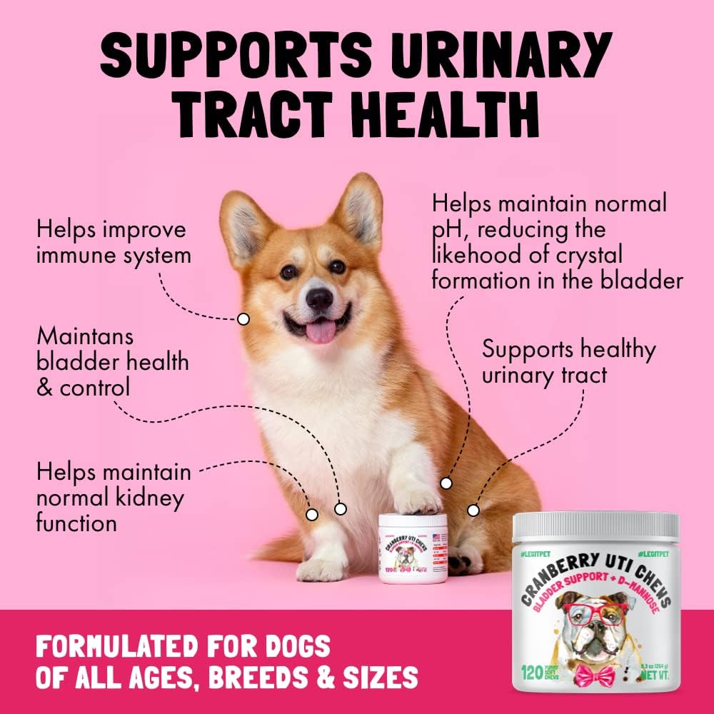 Natural Cranberry UTI Chews for Dogs - Kidney & Bladder Support, D-Mannose, Immune System Booster - 120 Chews