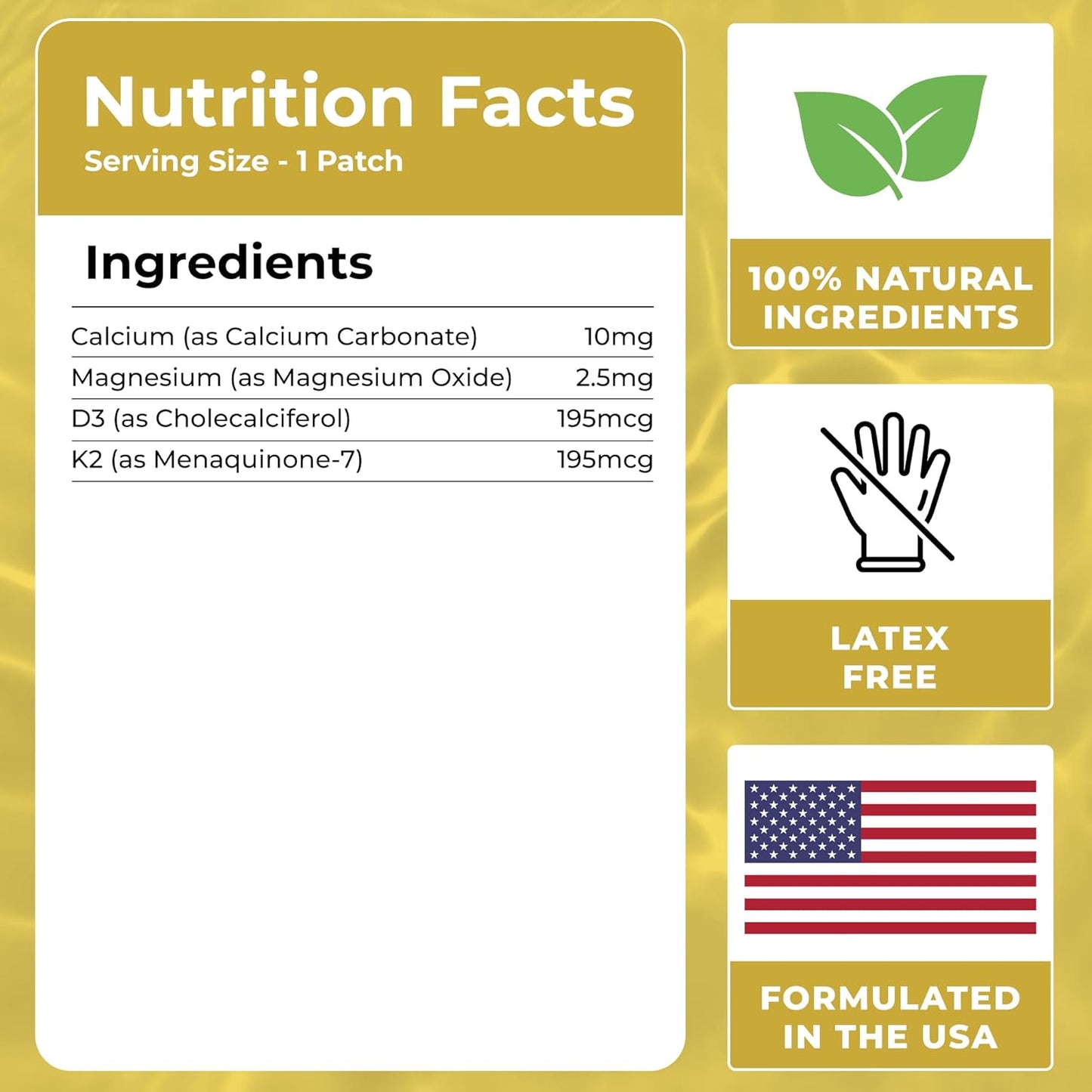 Natural D Patch with Calcium, Magnesium, K2 - 60 Patches for Immune & Body Support