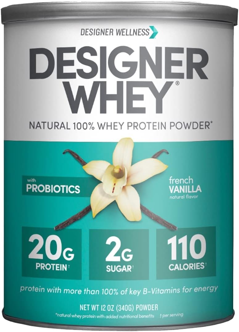 Natural Designer Whey Protein Powder with Probiotics, Fiber, and B-Vitamins for Energy - French Vanilla, 12 oz