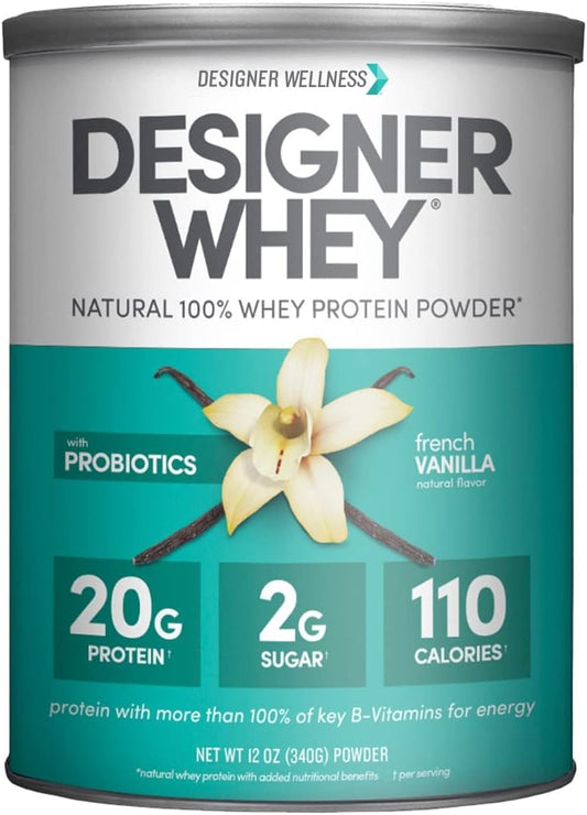 Natural Designer Whey Protein Powder with Probiotics, Fiber, and B-Vitamins for Energy - French Vanilla, 12 oz