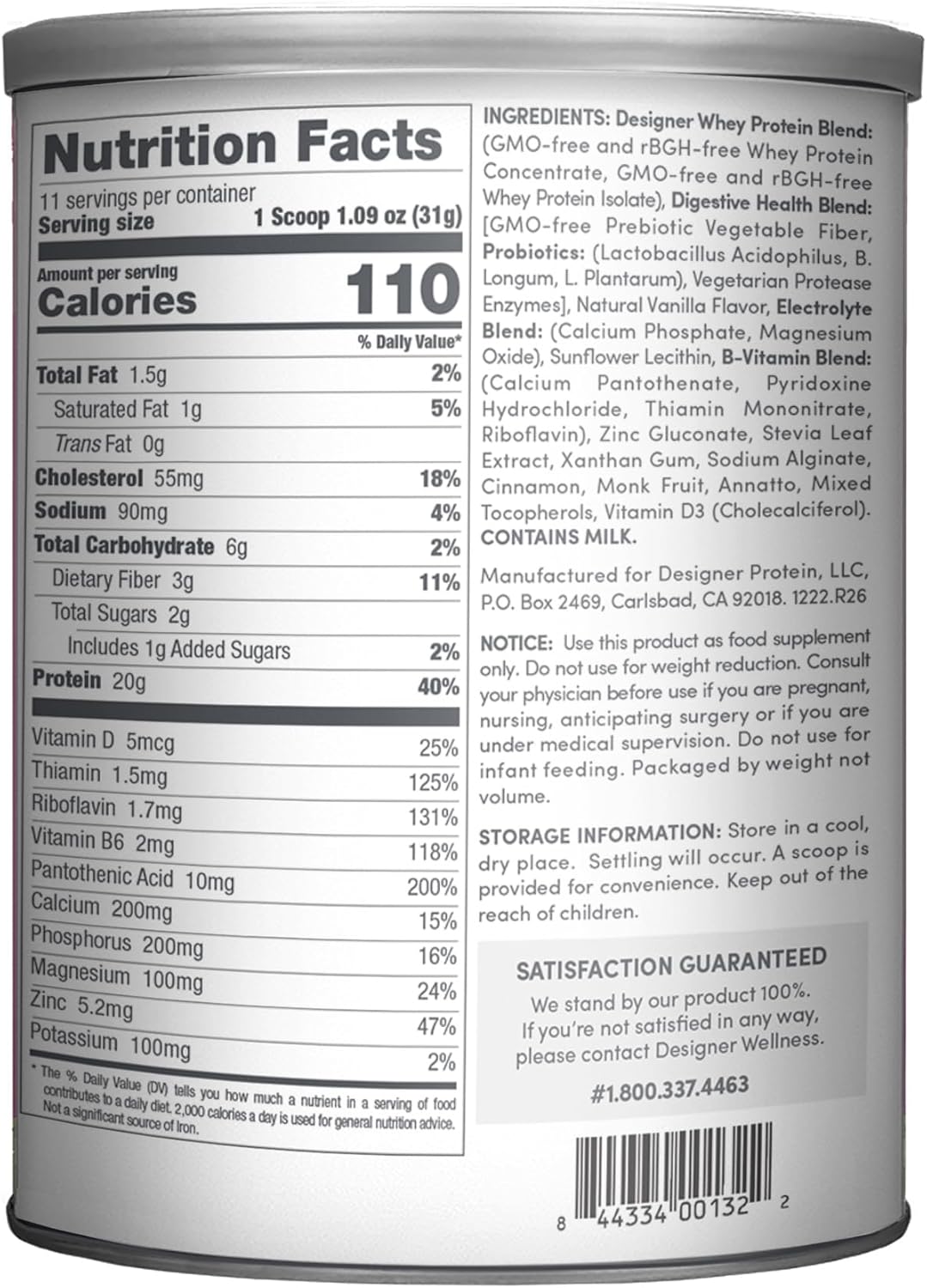 Natural Designer Whey Protein Powder with Probiotics, Fiber, and B-Vitamins for Energy - French Vanilla, 12 oz