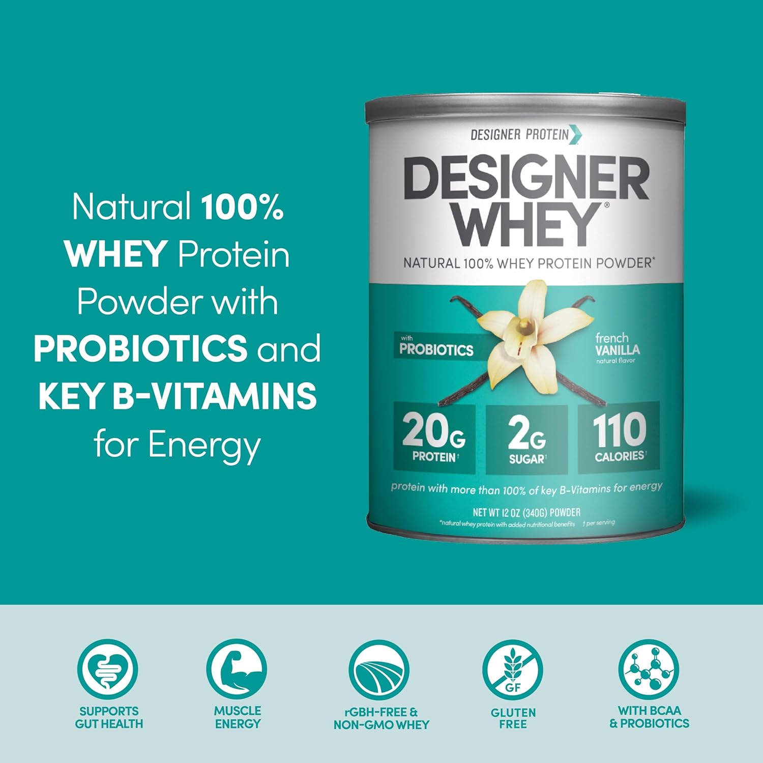 Natural Designer Whey Protein Powder with Probiotics, Fiber, and B-Vitamins for Energy - French Vanilla, 12 oz