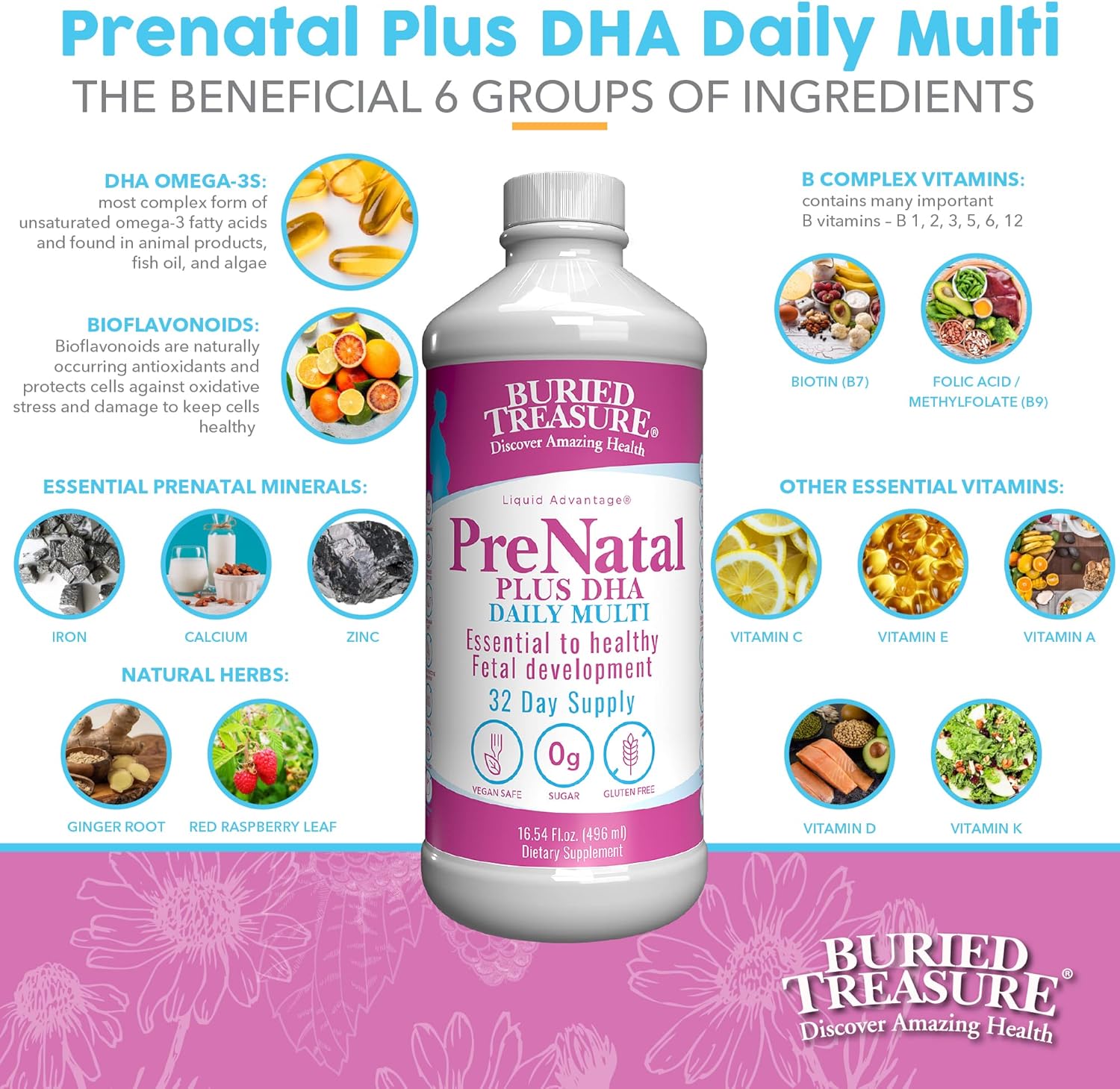 Natural DHA Omega-3 Iron Prenatal Plus Supplement, 16 oz - Buried Treasure Complete