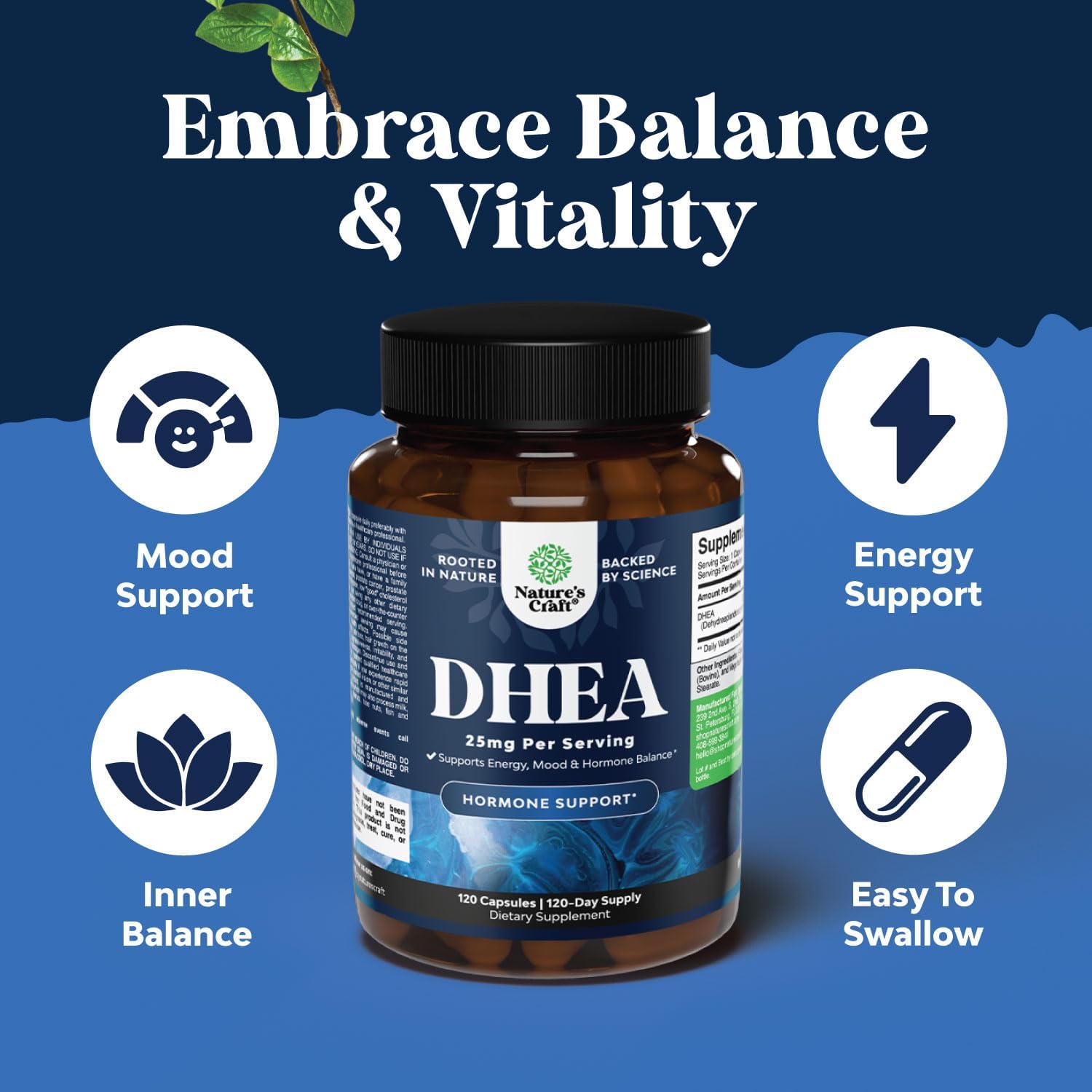 Natural DHEA Supplement for Hormone Balance, Mood Stability, Brain Function, Immune System, Energy, and Fertility - 120 Capsules for Men and Women