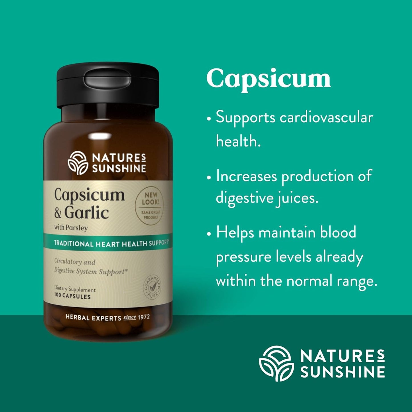 Natural Digestive, Immune, Circulatory, and Glandular Support Capsicum Garlic w/Parsley - 100 Capsules