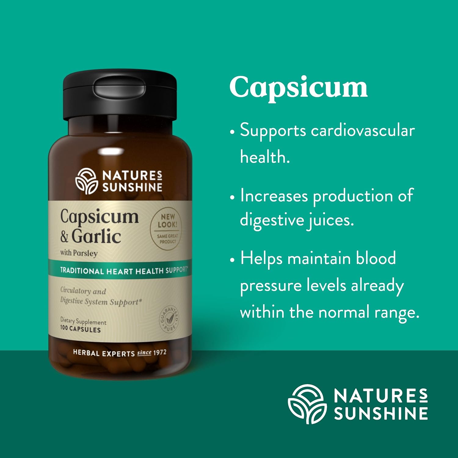 Natural Digestive, Immune, Circulatory, and Glandular Support Capsicum Garlic w/Parsley - 100 Capsules