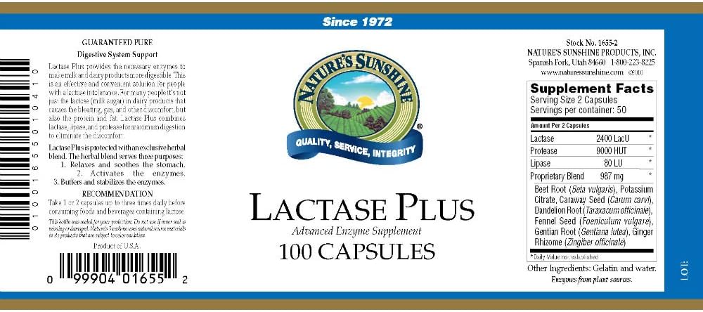 Natural Digestive Support with Nature's Sunshine Lactase Plus Capsules - 100 Count