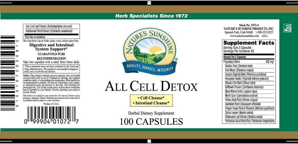 Natural Digestive System Supplement: Nature's Sunshine Cellular Detox Capsules (100 ct) - Kosher Herbal Blend for Healthy Bowel Movement