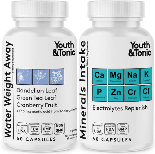Natural Diuretic Supplement with Electrolytes for Belly Bloating & Water Retention - 120 Capsules by Youth & Tonic