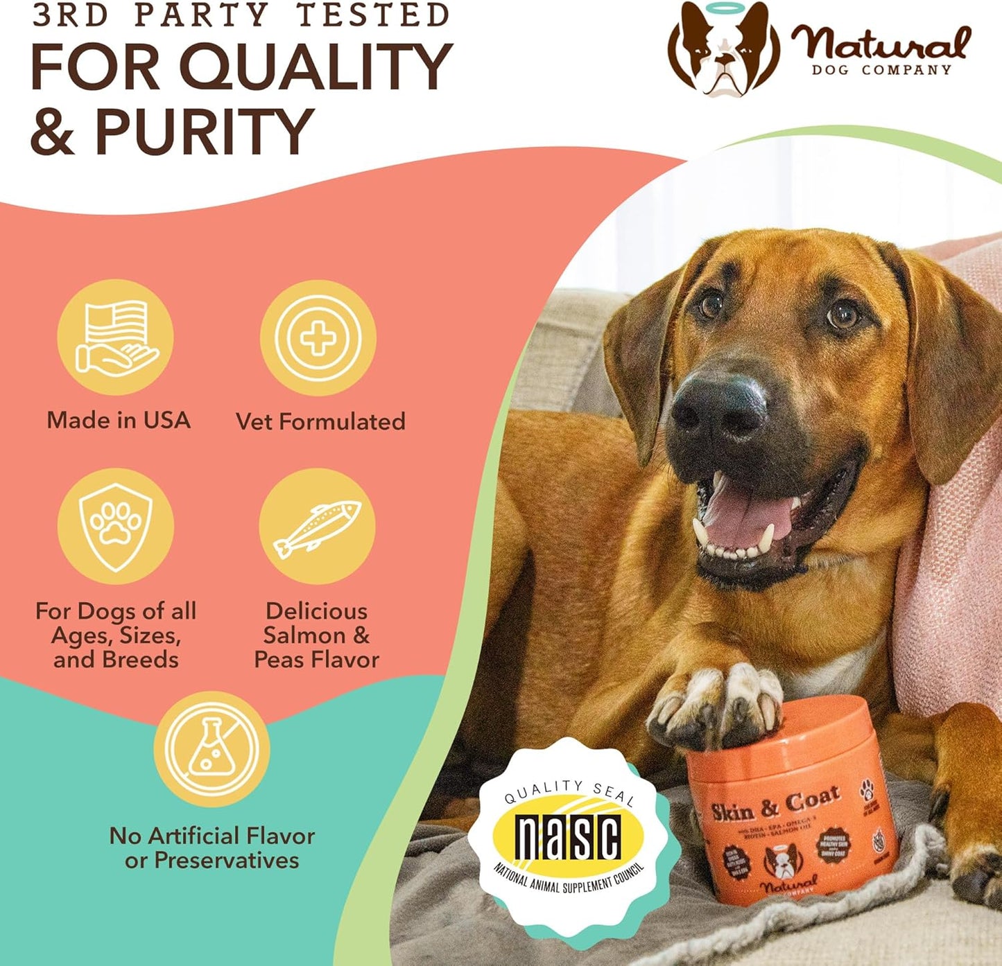 Natural Dog Company Skin and Coat Chews 2-Pack with Salmon & Peas Flavor - Vitamins for Healthy Skin, Coat, Itch Relief, Allergies - Biotin, Vitamin E, Omega 3 Supplement