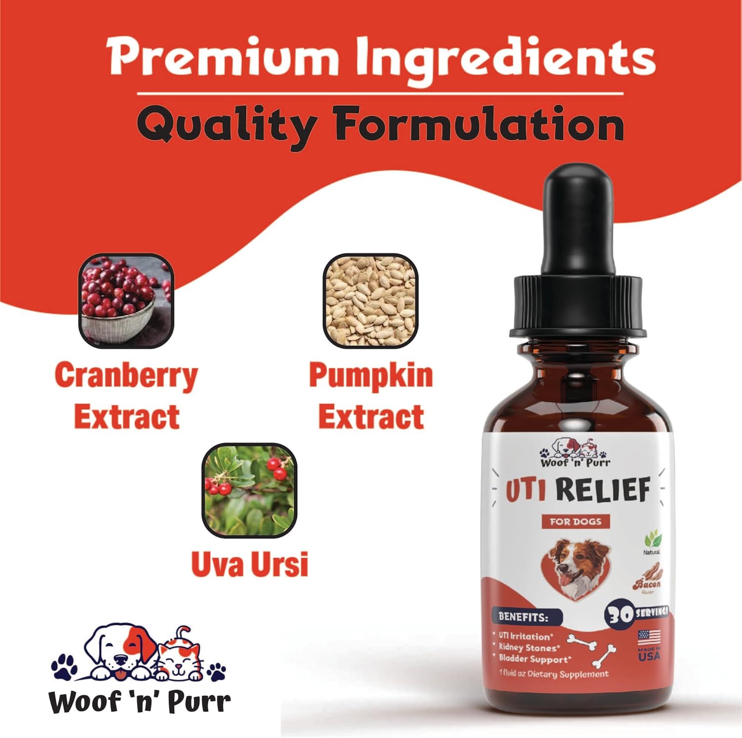Natural Dog UTI Treatment with Cranberry - Bacon Flavored Supplement for Dog Urinary Tract Infections - 1 fl oz