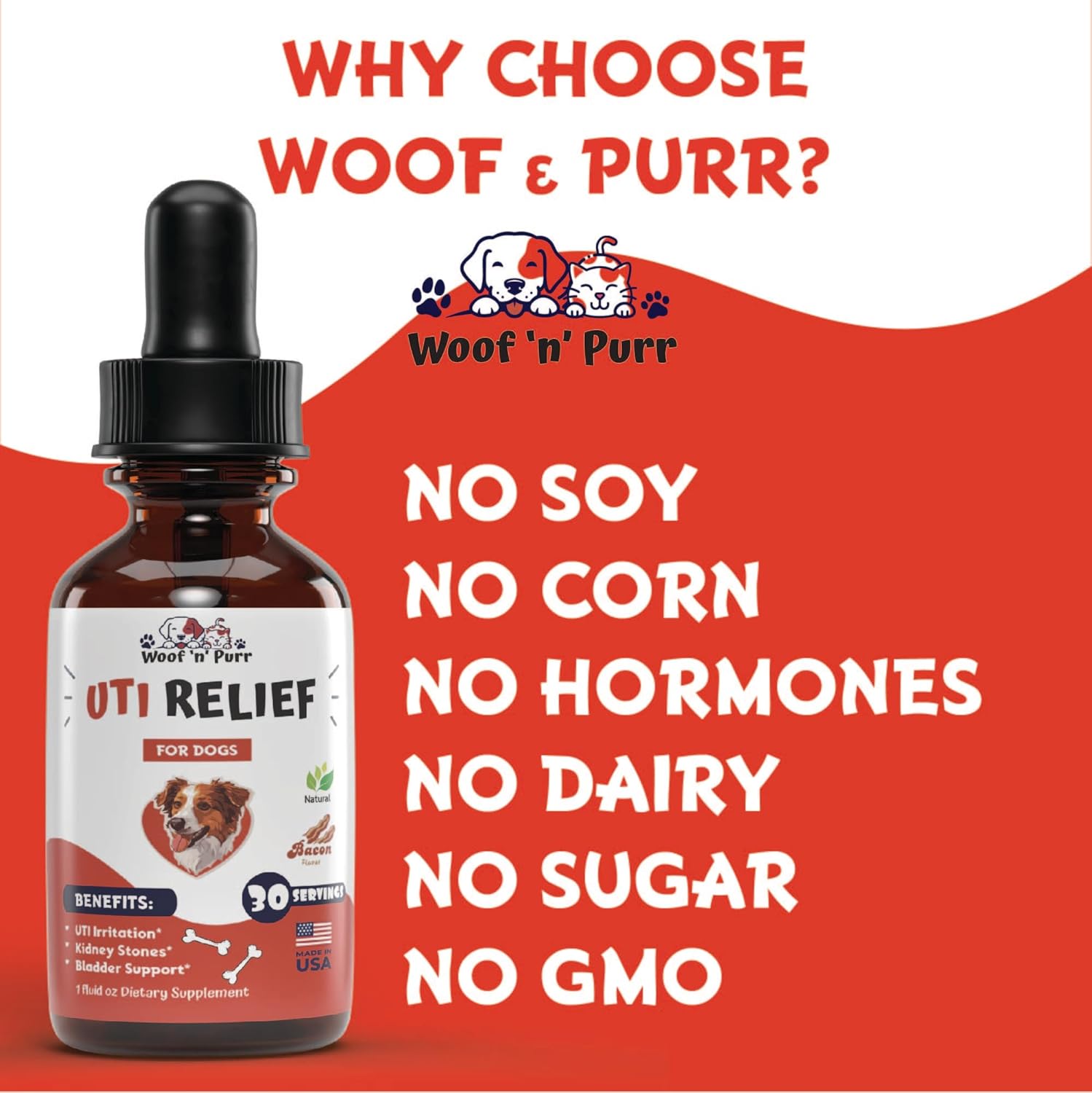 Natural Dog UTI Treatment with Cranberry - Bacon Flavored Supplement for Dog Urinary Tract Infections - 1 fl oz