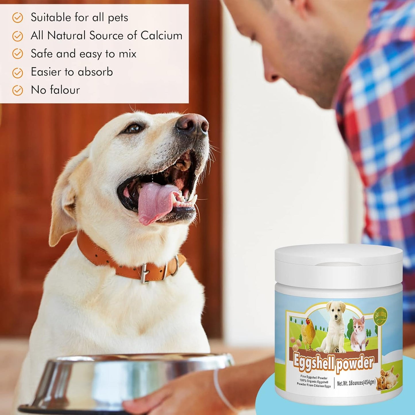 Natural Eggshell Powder Calcium Supplement for Pets (16 oz) - Ideal for Osteoporosis & Whelping - Safe Bone Meal Alternative - Strengthens Bones, Joints, & Teeth