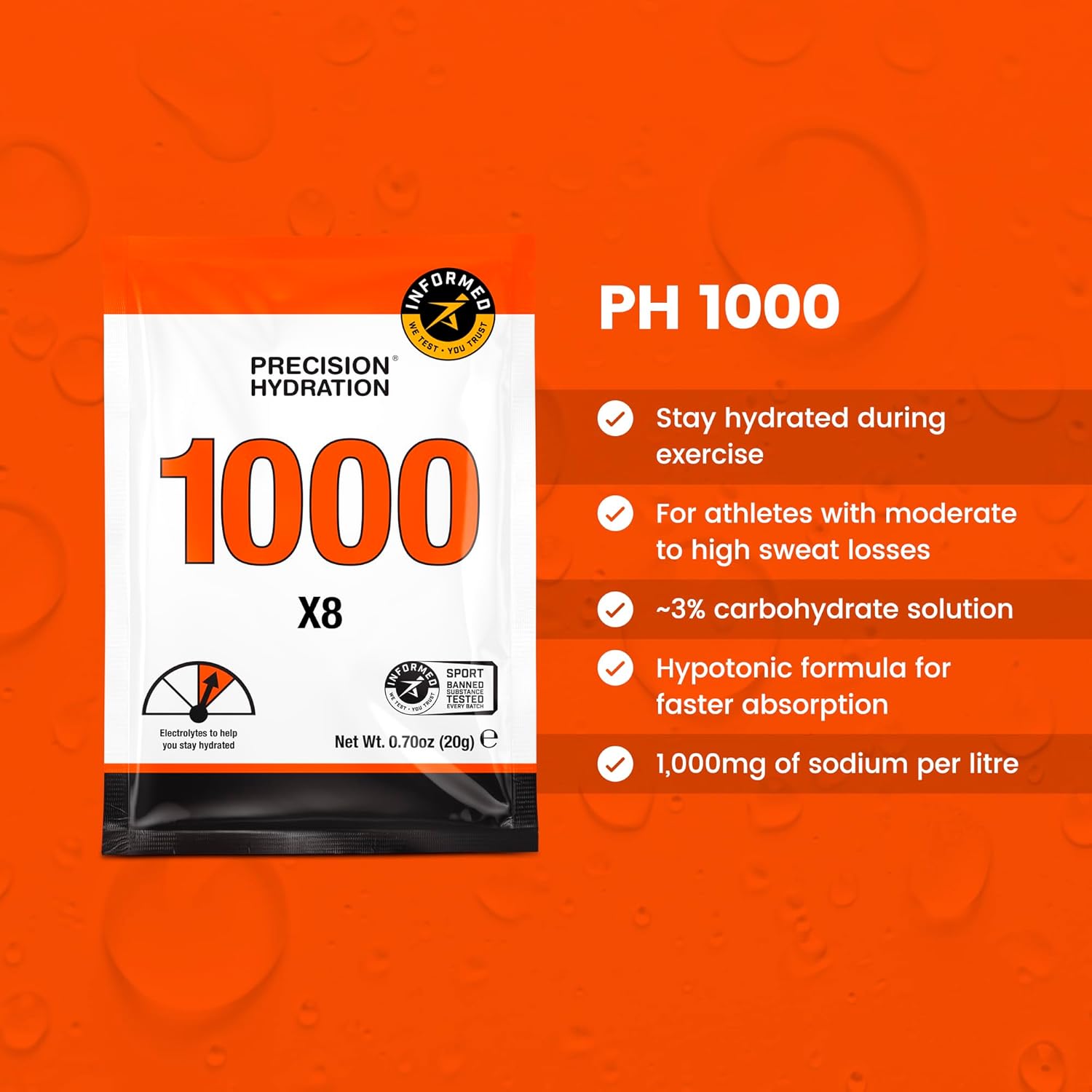 Natural Electrolyte Powder Packets for Precision Hydration - Multi Strength, Waterproof Servings - Gluten Free, 8 Packets, 1000mg/L-Orange
